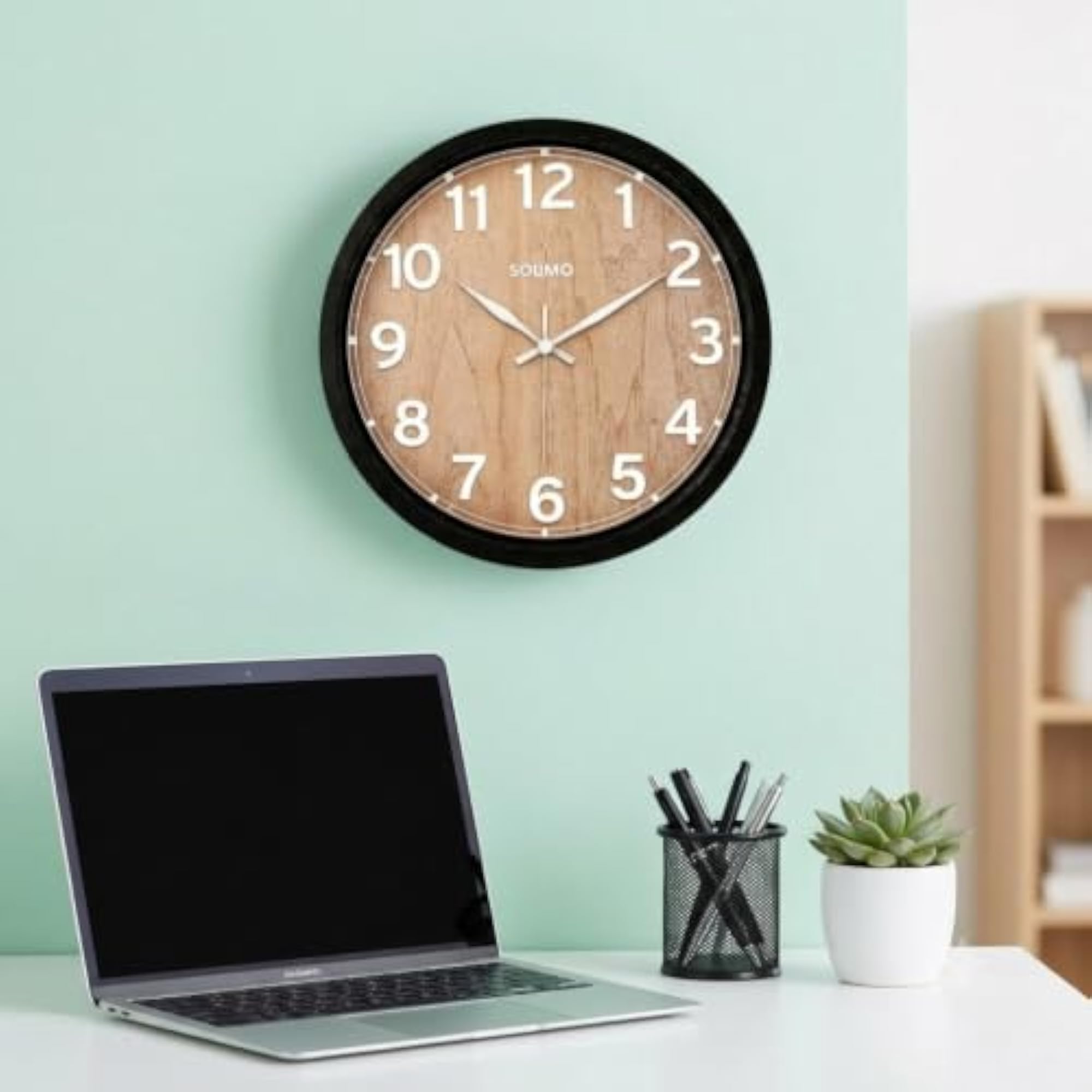 Wooden Texture Printed Analog Round Wall Clock for Home